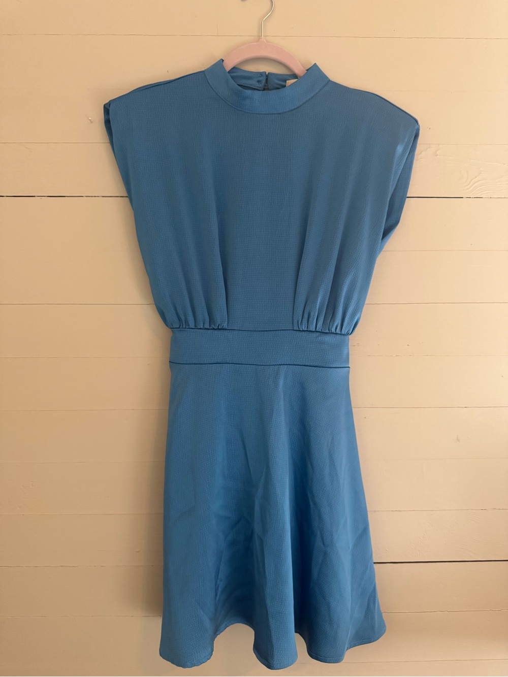 High-Neck Sky Blue Mini Dress with Defined Waist